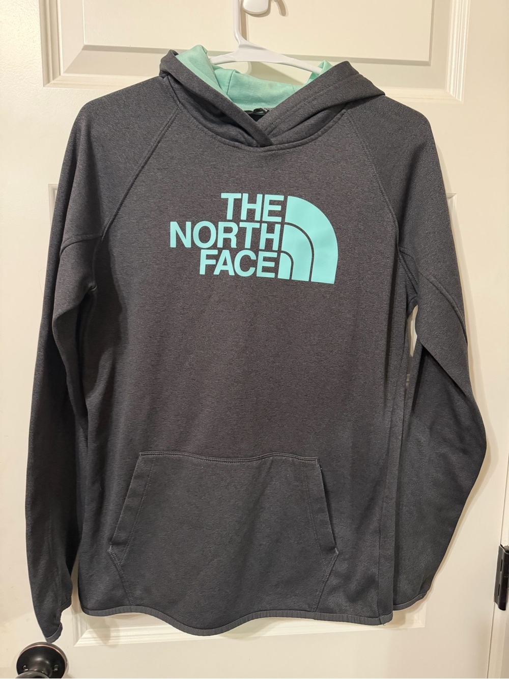 The North Face Charcoal Hoodie with Mint Green Hood Lining